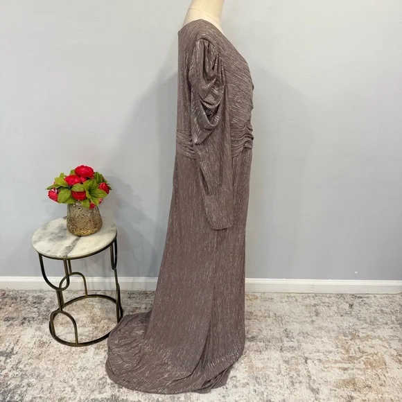 Mac Duggal 49503 Mauve Taupe Metallic Faux Wrap Draped Puff Sleeve Gown -Reemoly